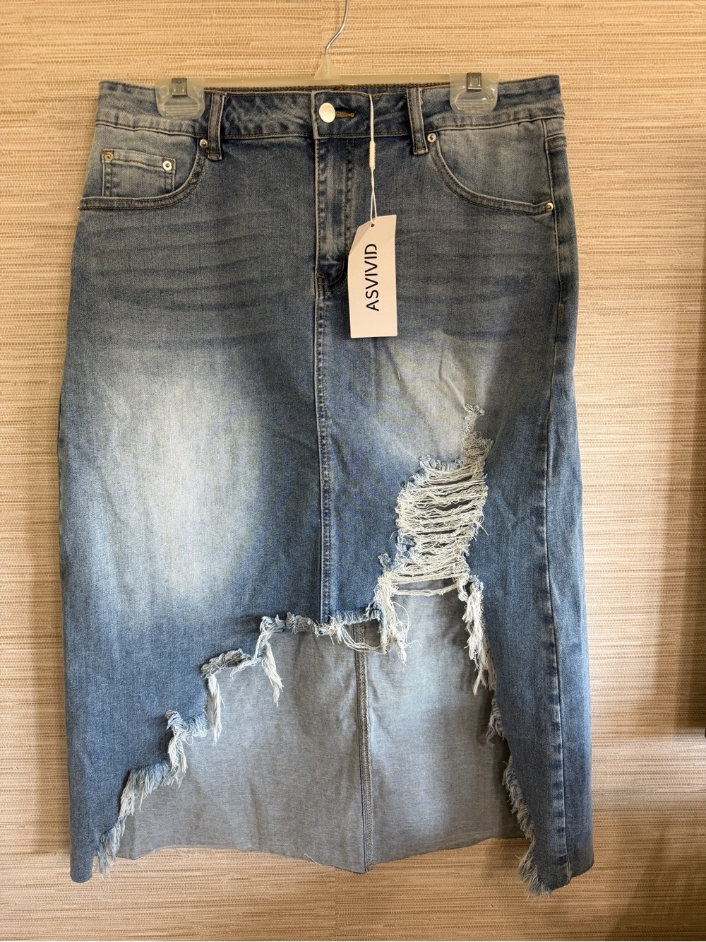 Asvivid asymmetrical frayed hem distressed Denim skirt women's size XL NWT